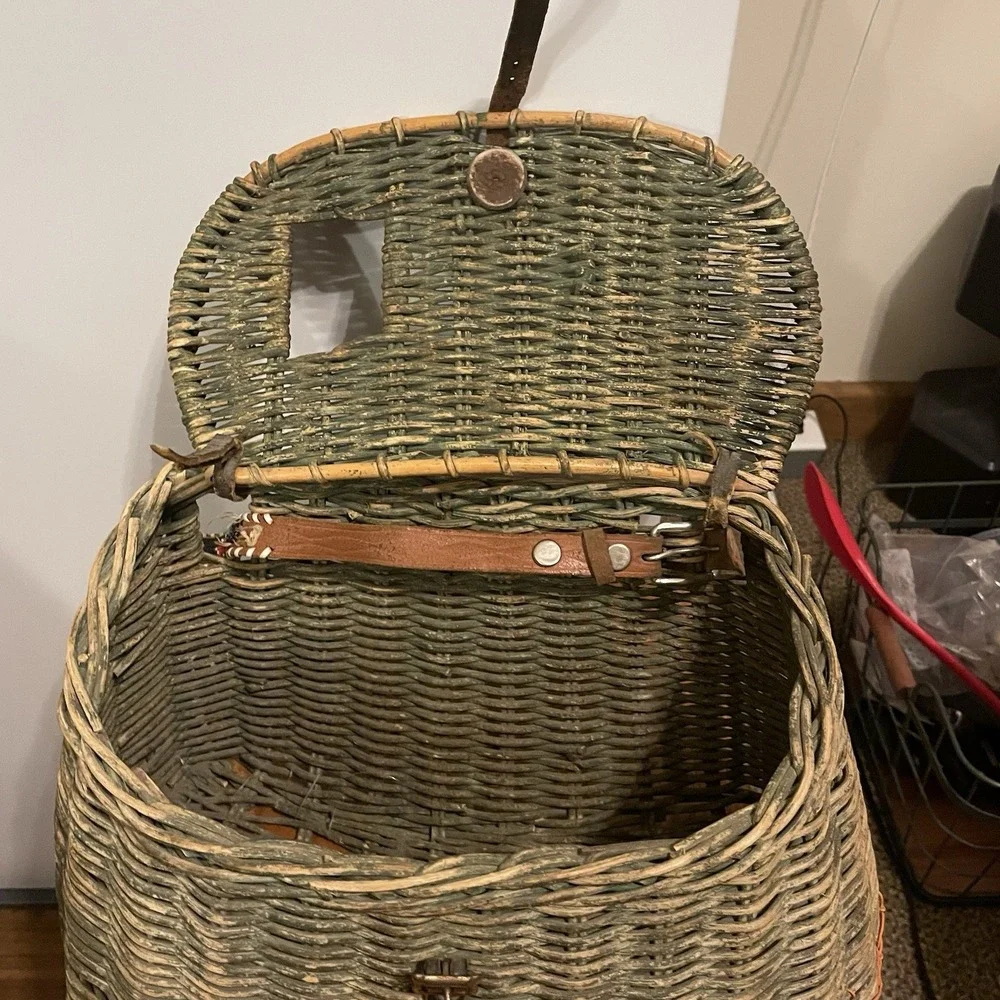 Vintage Green Fishing Creel Large Basket With Native Bead Style Leather Strap